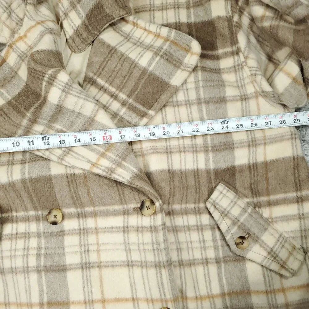 Free People Highlands Wool Plaid Double Breasted Peacoat Brown Size XL Oversized